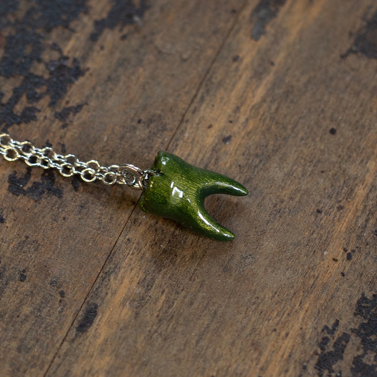 2-Root Molar necklace in "Moss" on silver chain
