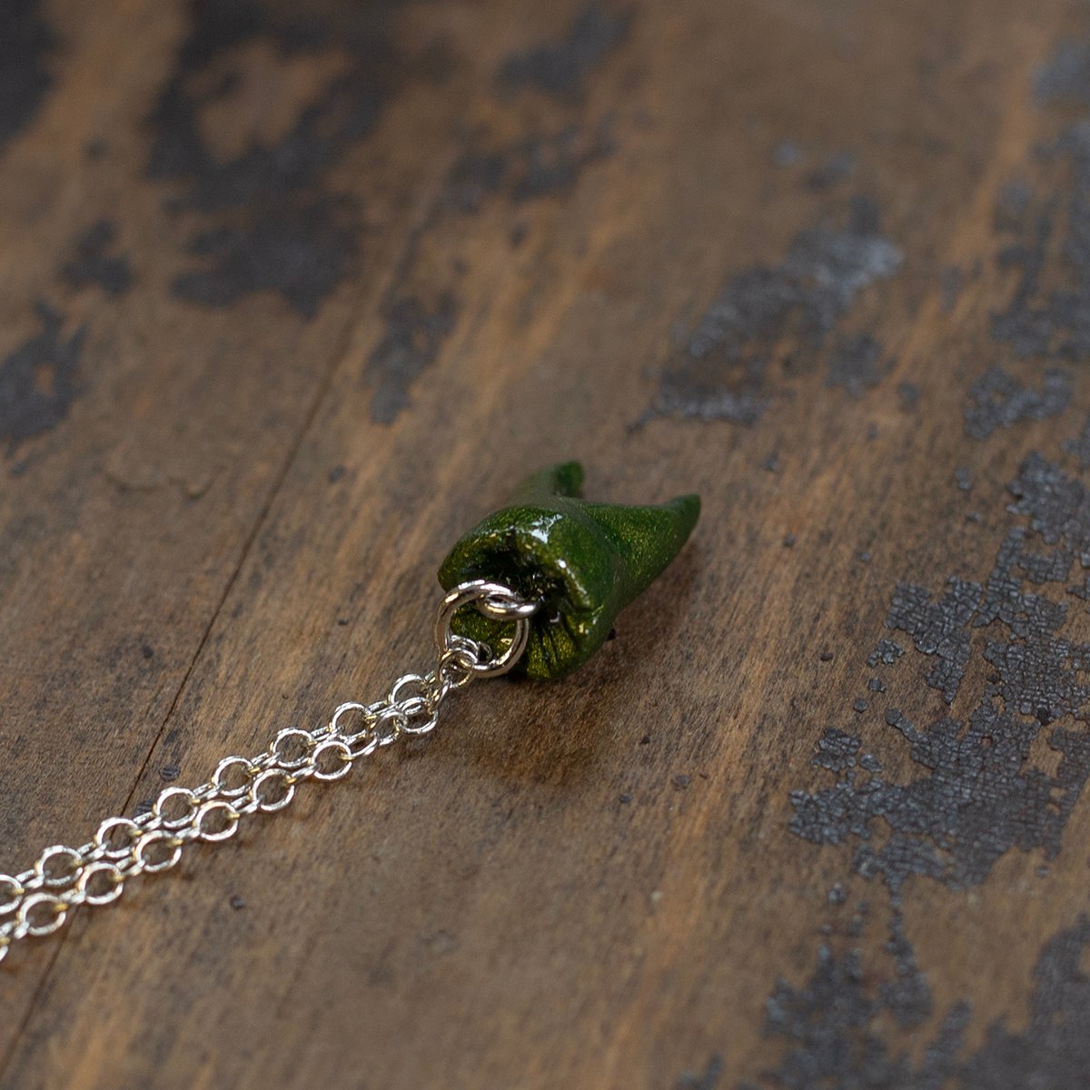 2-Root Molar necklace in "Moss" on silver chain
