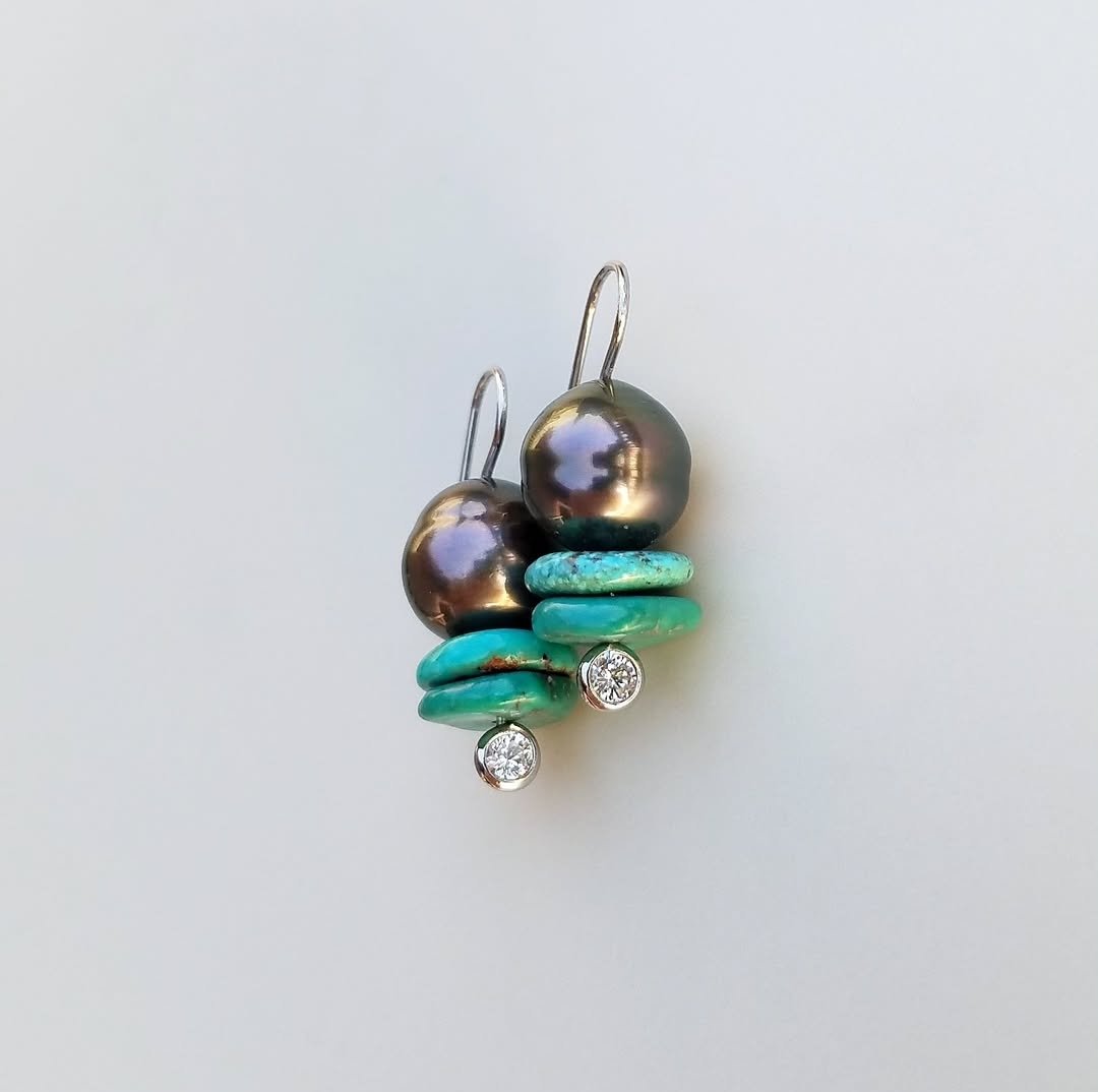 Dark Tahitian Pearls and Turquoise Slice Earrings