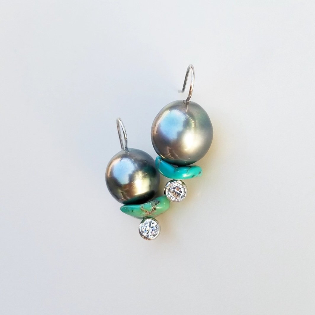 Tahitian Pearl with Turquoise Slice Earrings