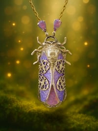 Image 1 of Fae Cicada Necklace with Iridescent Wings & Aurora Jewel – Whimsical Insect Pendant