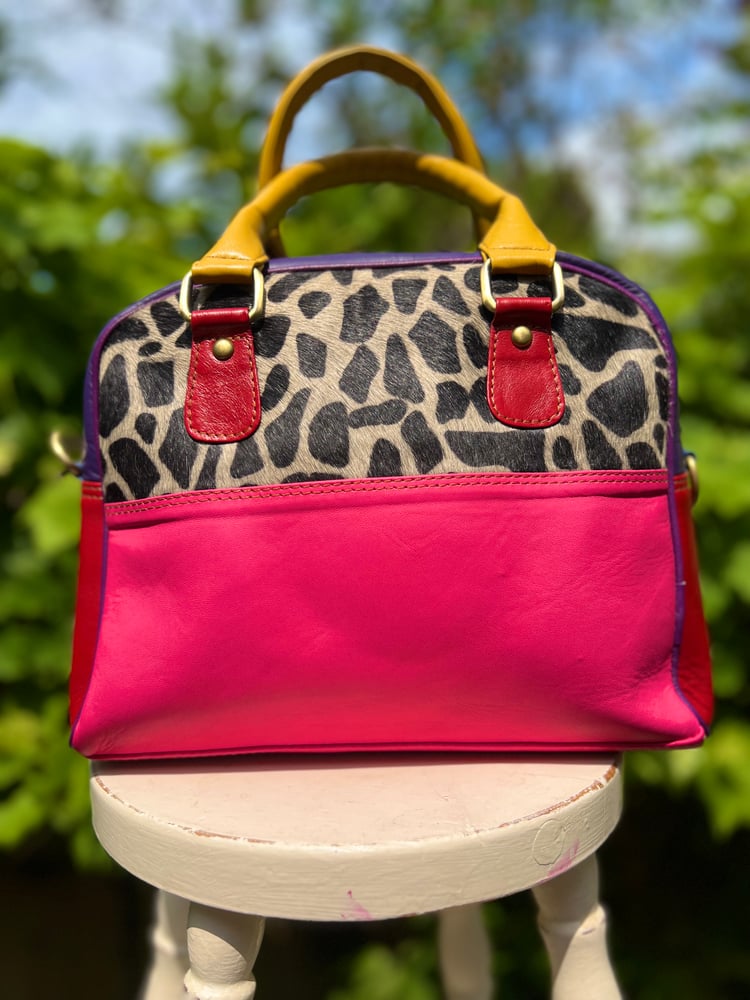 Image of Harlequin Collection - Multi-coloured Recycled Leather Barrel Bag #28B