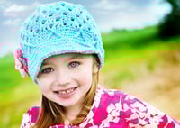 Image 4 of Handmade Girls Crochet Hat with Brim - Robin's Egg Blue with Pink Flowers - Toddler & Child Sizes