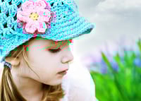 Image 2 of Handmade Girls Crochet Hat with Brim - Robin's Egg Blue with Pink Flowers - Toddler & Child Sizes