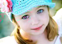 Image 3 of Handmade Girls Crochet Hat with Brim - Robin's Egg Blue with Pink Flowers - Toddler & Child Sizes