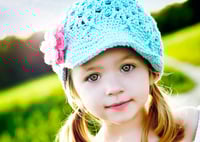 Image 1 of Handmade Girls Crochet Hat with Brim - Robin's Egg Blue with Pink Flowers - Toddler & Child Sizes