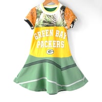 Image 1 of NFL football team chiefs packers 3T 4T 4/5 courtneycourtney patchwork tshirt dress made in chicago