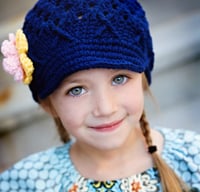 Image 1 of Girls Crochet Hat with Brim – Navy Blue with Flowers