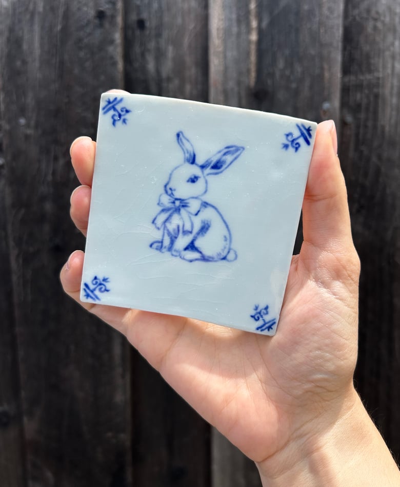 Image of Porcelain Delft Tile - Bunny with Bow