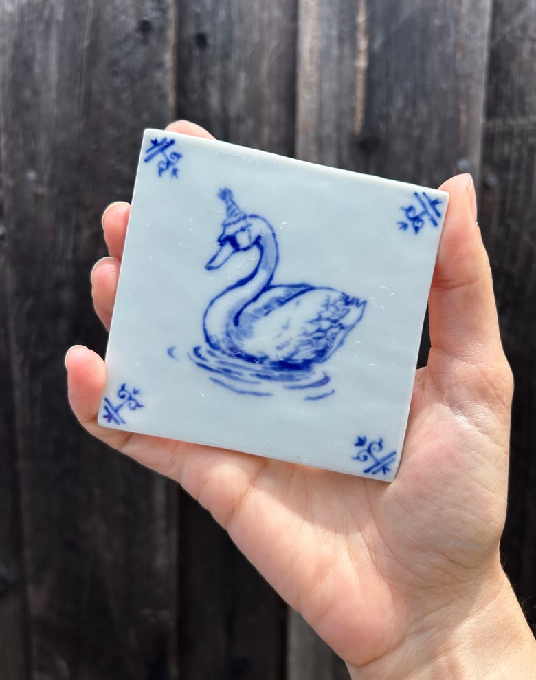 Image of Porcelain Delft Tile - Birthday Swan