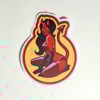 Image 1 of Kneeling Pinup Girl Style Devil Woman In Thigh High Boots Matte Vinyl Sticker