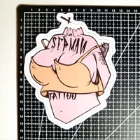 Image 2 of Sepman Tattoo Brand Bust Of Woman Hiding A Spiked Bat Behind Her Matte Vinyl Sticker