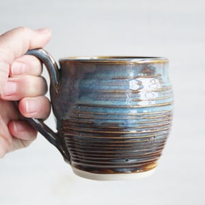 Image of Earthy Blue and Amber Brown Mug, 12 Ounce Handcrafted Pottery Mug, Made in USA