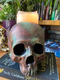 Image 2 of  replica human skull candle/incense holder ( antique bronze effect with verdigris accents )