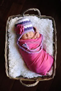 Image 2 of Textured Ear Flap Hat, Crochet Baby Beanie with Flowers, Floral Photo Prop