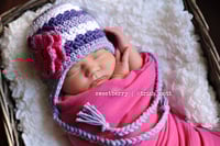 Image 4 of Textured Ear Flap Hat, Crochet Baby Beanie with Flowers, Floral Photo Prop
