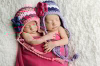 Image 5 of Textured Ear Flap Hat, Crochet Baby Beanie with Flowers, Floral Photo Prop