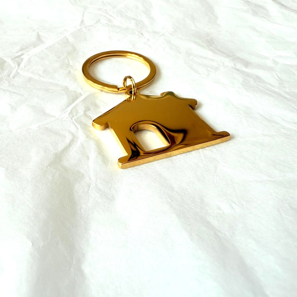Image of House Shape Gold Tone Steel Keychain Blanks for Laser Engraving - 5 in Pack