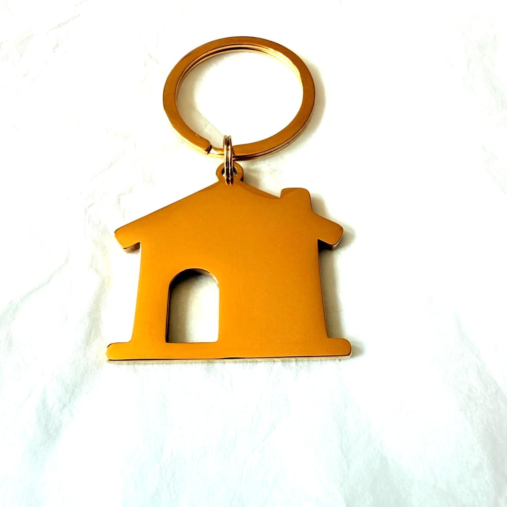 Image of House Shape Gold Tone Steel Keychain Blanks for Laser Engraving - 5 in Pack