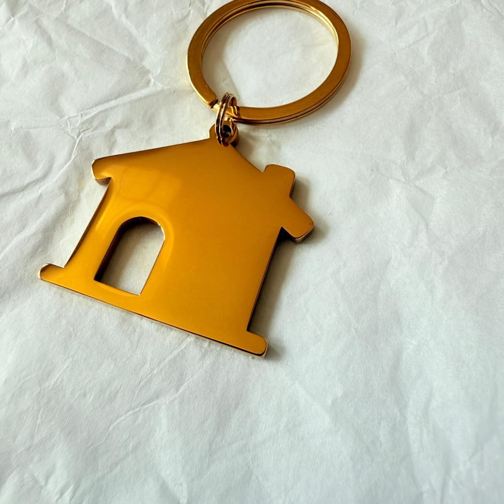 Image of House Shape Gold Tone Steel Keychain Blanks for Laser Engraving - 5 in Pack