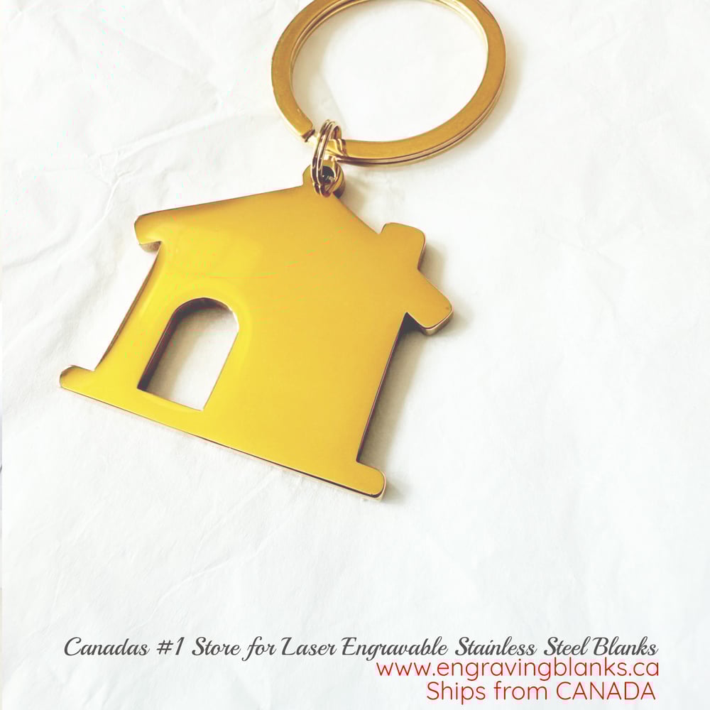 Image of House Shape Gold Tone Steel Keychain Blanks for Laser Engraving - 5 in Pack