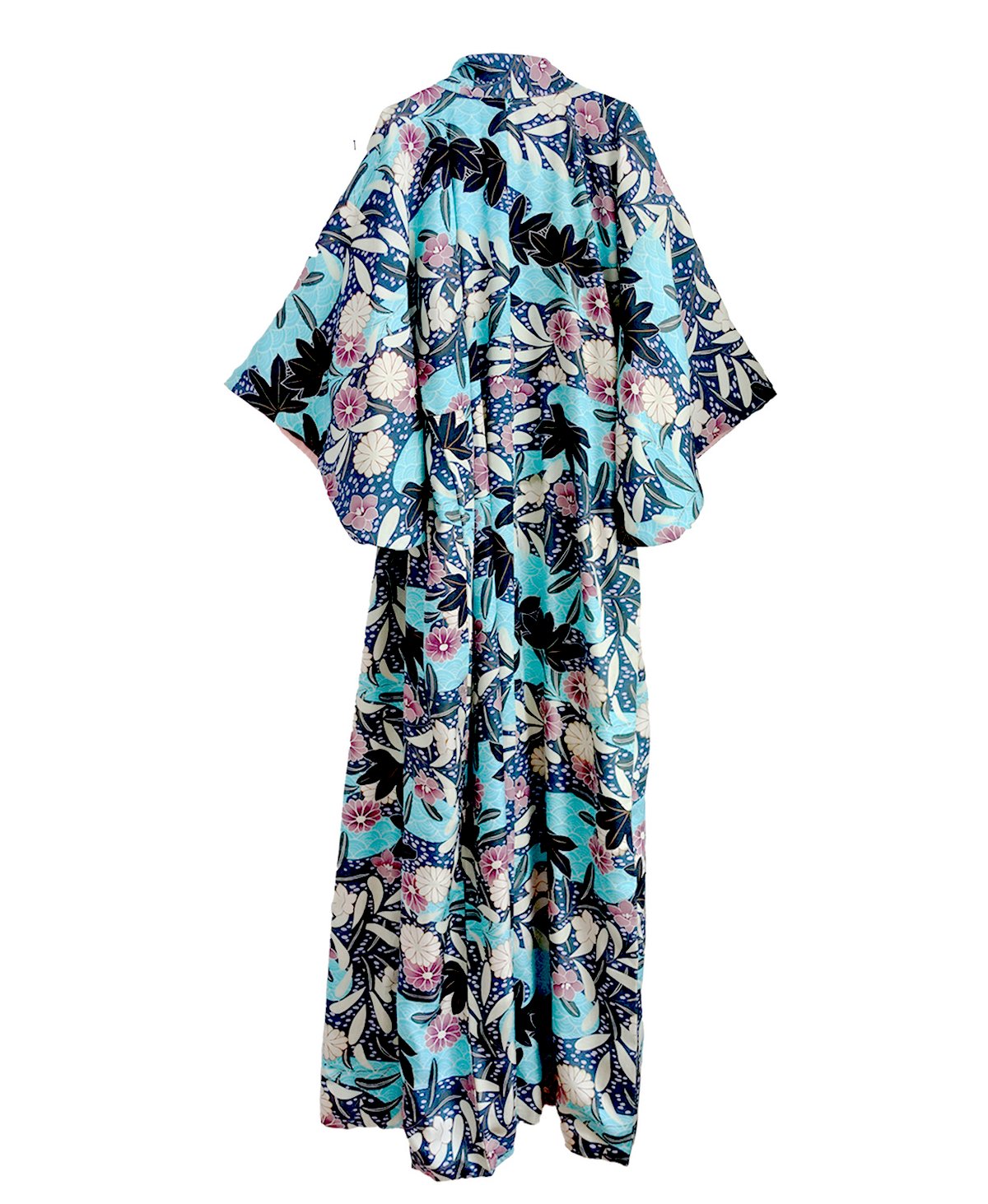 Image of Kimono dame af turkisblå silke med søblomster og blade