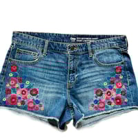 Image 5 of Women's Gap denim cut off shorts, Festival, colorful embroidered floral side mid rise  