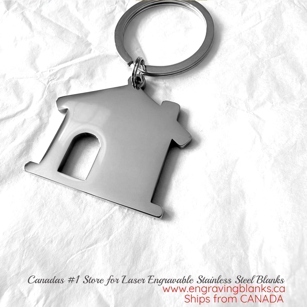 Image of House Shape Silver Tone Steel Keychain Blanks for Laser Engraving - 5 in Pack