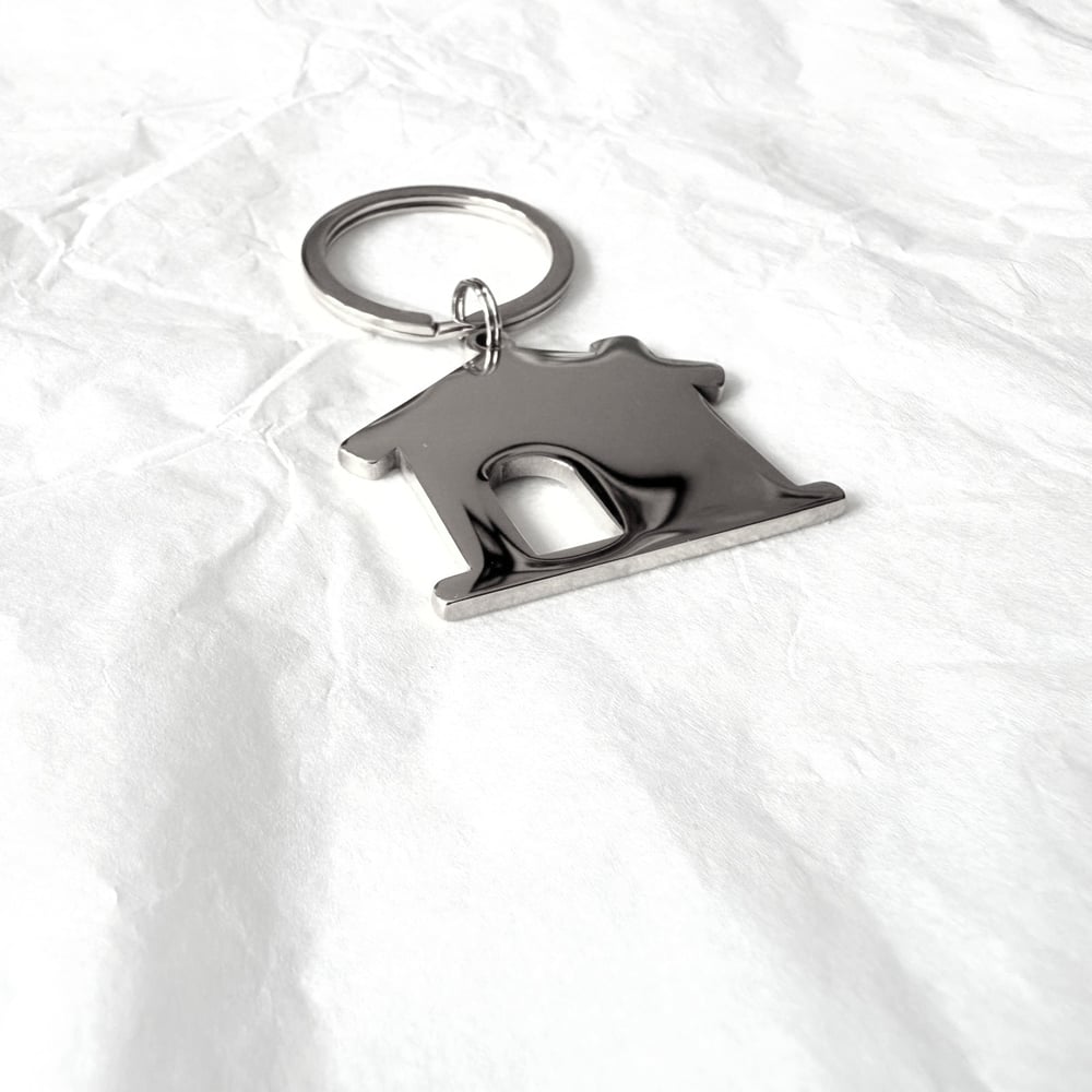 Image of House Shape Silver Tone Steel Keychain Blanks for Laser Engraving - 5 in Pack