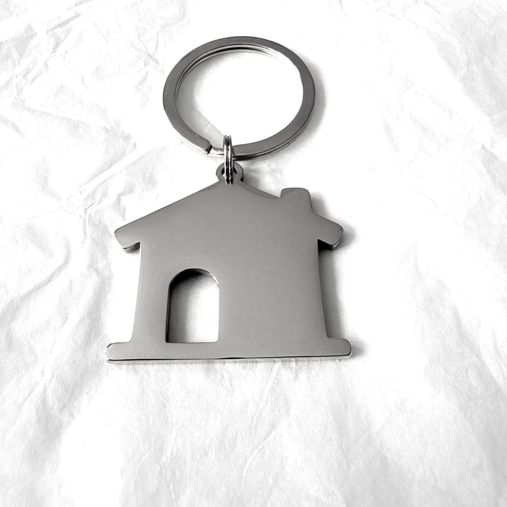 Image of House Shape Silver Tone Steel Keychain Blanks for Laser Engraving - 5 in Pack
