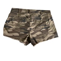 Image 2 of Women's Express Camouflage cut off shorts raw hem revamped w- cherries , red stripes & studs 