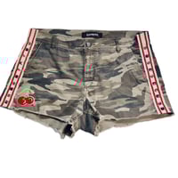 Image 1 of Women's Express Camouflage cut off shorts raw hem revamped w- cherries , red stripes & studs 