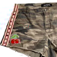 Image 3 of Women's Express Camouflage cut off shorts raw hem revamped w- cherries , red stripes & studs 