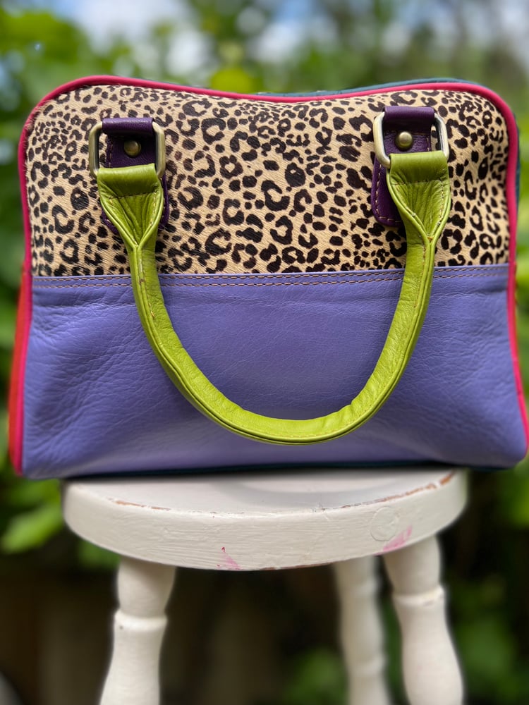 Image of Harlequin Collection - Multi-coloured Recycled Leather Barrel Bag #28A