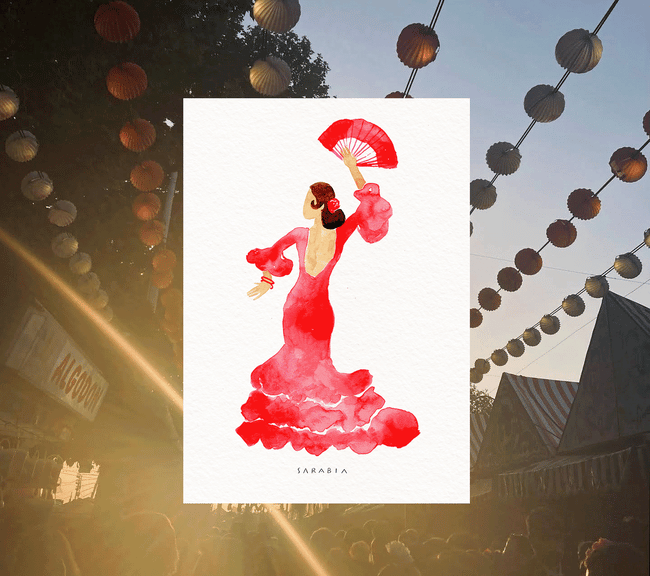 Ilustraciones flamencas: roja, azul y verde 