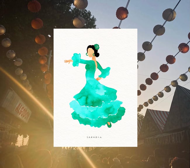 Ilustraciones flamencas: roja, azul y verde 