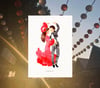 Ilustraciones flamencas: buganvilla, pareja bailando y amarilla