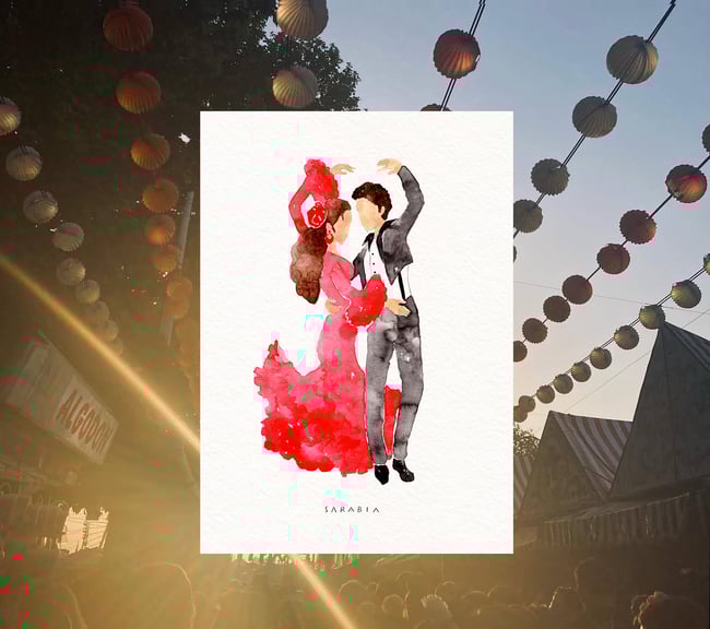 Ilustraciones flamencas: buganvilla, pareja bailando y amarilla