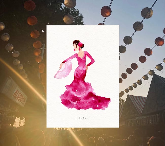 Ilustraciones flamencas: buganvilla, pareja bailando y amarilla