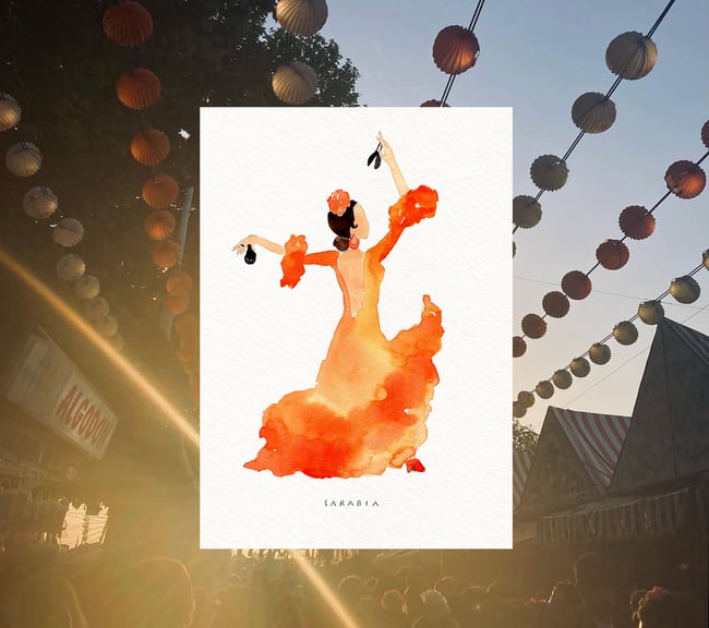 Ilustraciones flamencas: naranja, rosa y verde limón