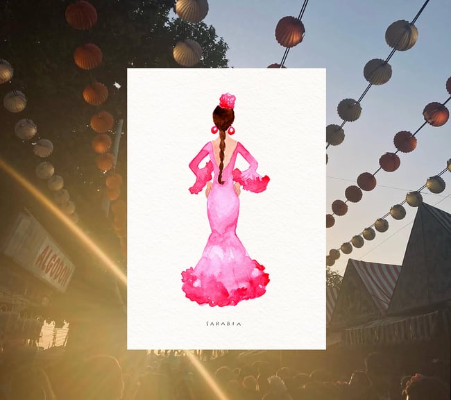 Ilustraciones flamencas: naranja, rosa y verde limón