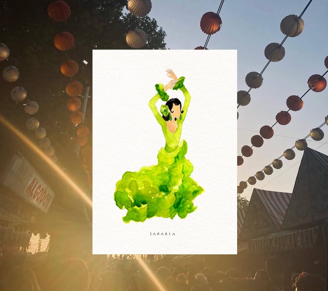 Ilustraciones flamencas: naranja, rosa y verde limón