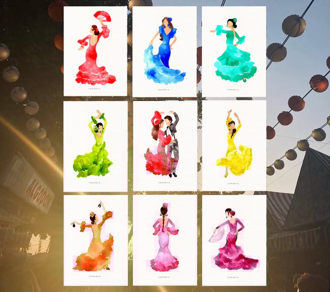 Ilustraciones flamencas: naranja, rosa y verde limón