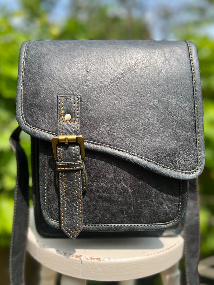 Image of Handmade Leather ManBag Rustic Brown Buffalo -Shaped Front