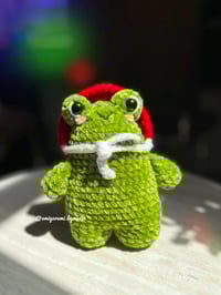 Image 1 of Handmade Amigurumi Frog Plush, Crochet Stuffed Animal Toy – Green Frog with Mushroom Hat