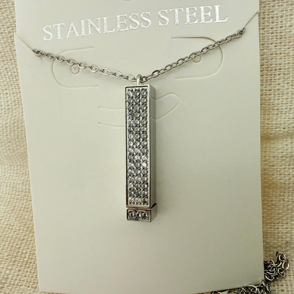 Image of Premium Crystal & Steel Silver Stretch Bar Pendant Necklace blank -Laser Engravable Blanks