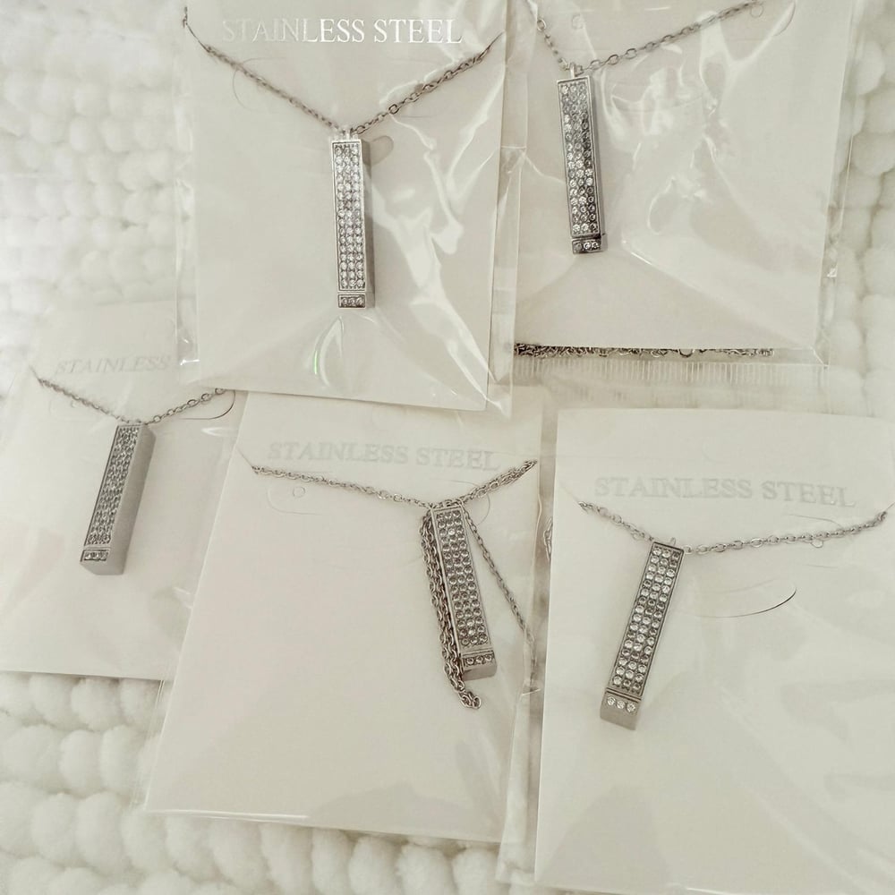 Image of Premium Crystal & Steel Silver Stretch Bar Pendant Necklace blank -Laser Engravable Blanks