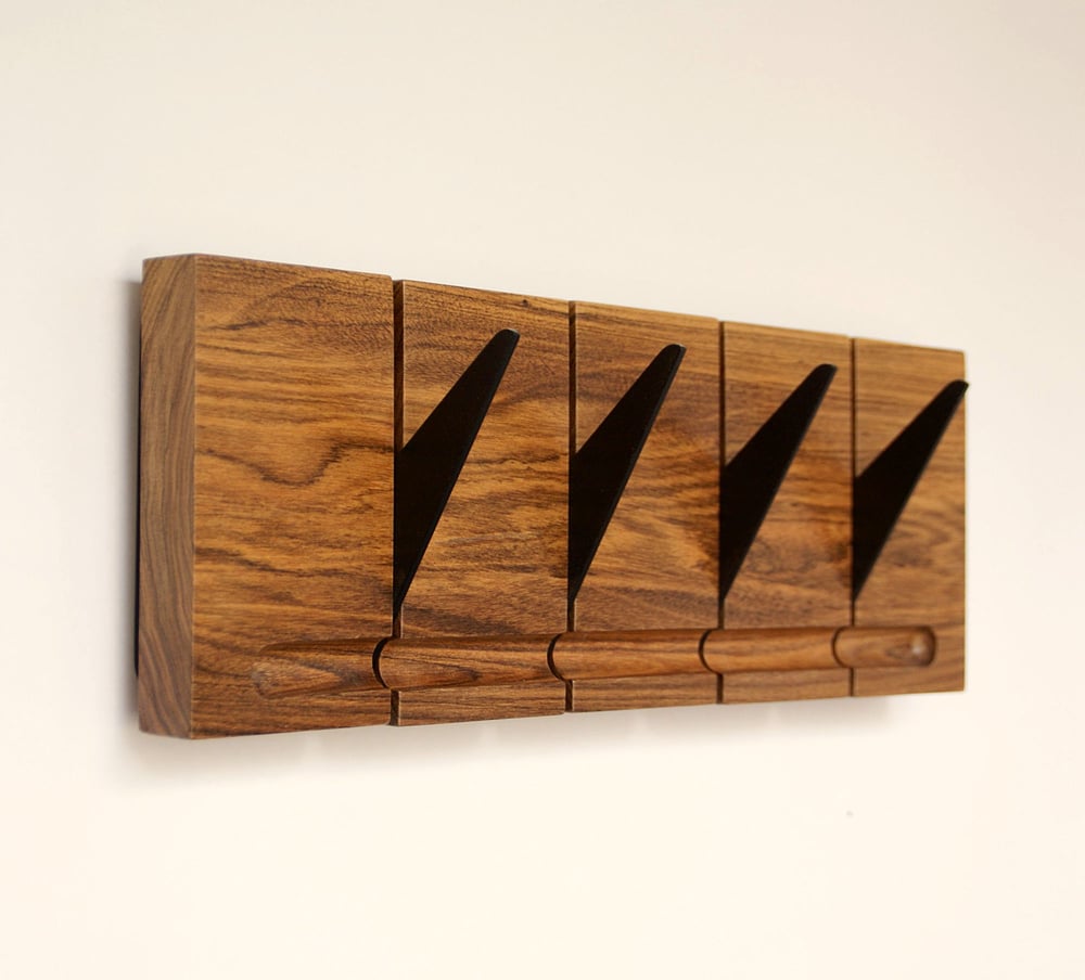Image of Flip wood coat rack, 4 metallic hooks.