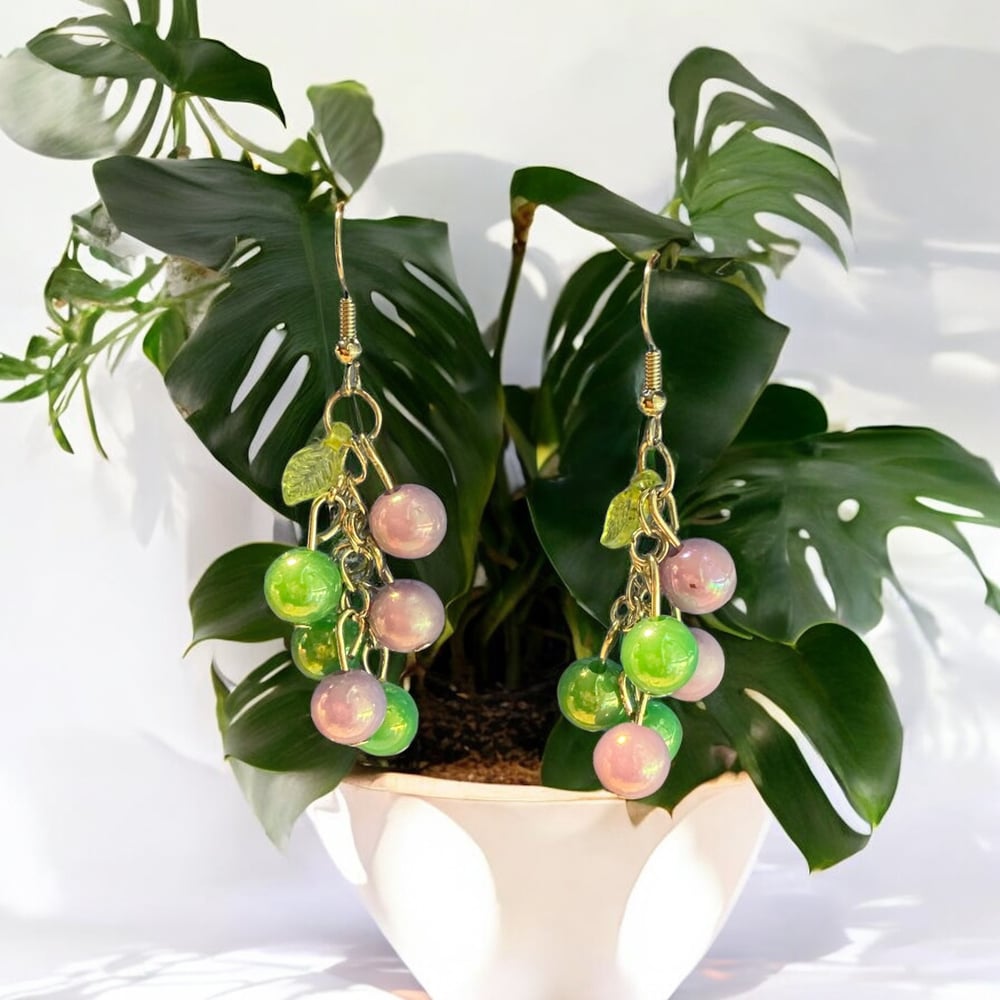 Image of Purple and Green Beaded Dangle Earrings