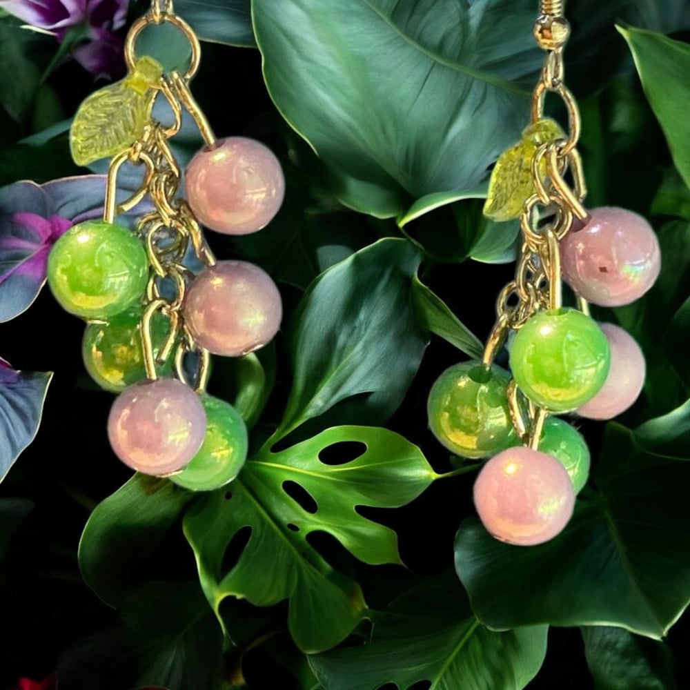 Image of Purple and Green Beaded Dangle Earrings